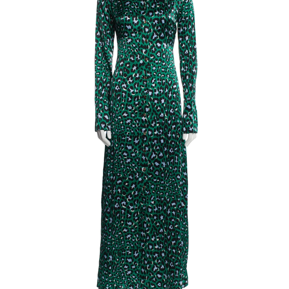 Olivia von Halle Emerald Green Leopard-Print Long Sleeve Maxi Dress